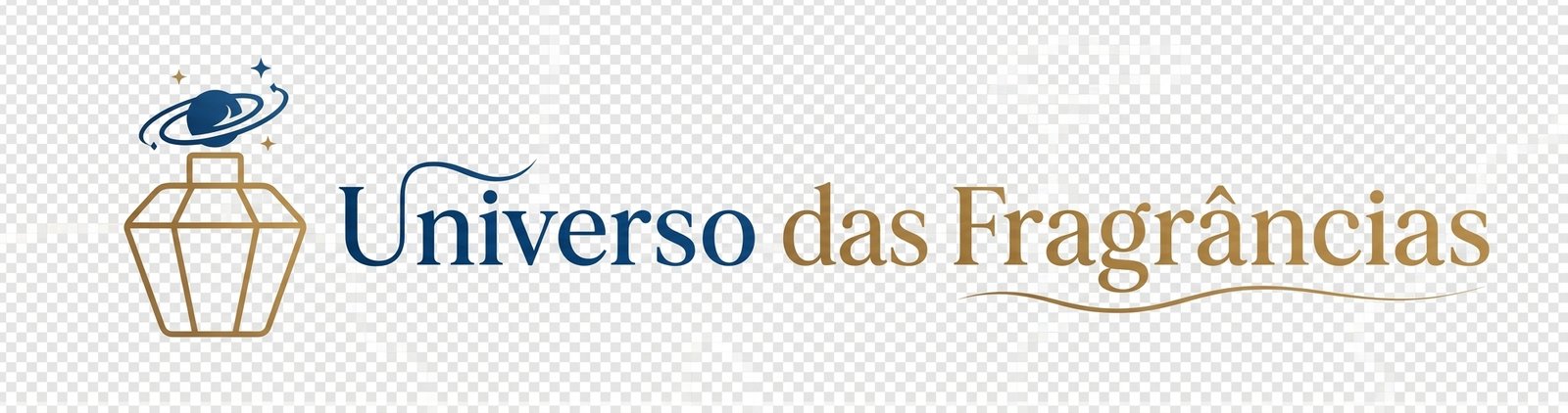 Logotipo do Universo das Fragrâncias com ícone de frasco de perfume geométrico dourado, planeta estilizado no topo e tipografia nas cores azul-escuro e ouro.