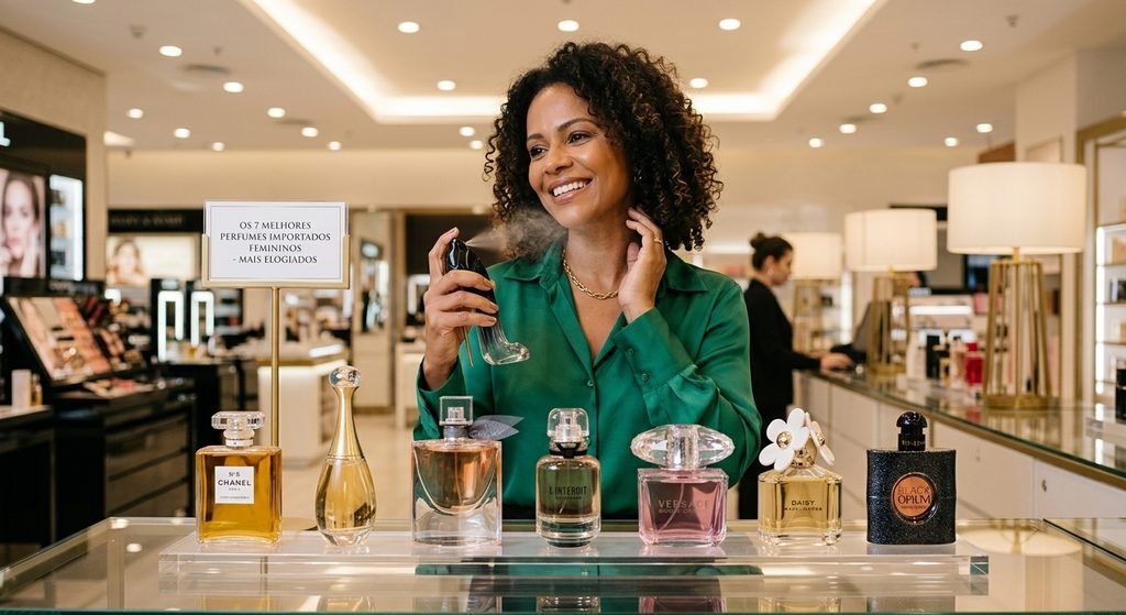 Os 7 Melhores Perfumes Importados Femininos Mulher testando um dos 7 melhores perfumes importados femininos em uma bancada