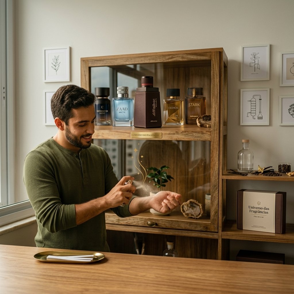 Retrato cinematográfico de um homem brasileiro classe média com expressão de satisfação, borrifando um perfume de O Boticário Malbec no pulso. Ele está em pé em um ambiente doméstico aconchegante. Ao fundo, em uma prateleira de madeira iluminada e em destaque, estão expostos outros quatro perfumes nacionais de marcas como Natura (Essencial), Eudora (Impression), Zaad e Mahogany, conforme citados no artigo. A iluminação é quente e suave.